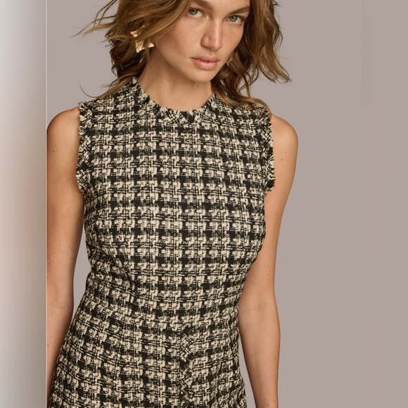 Donna Karan Black Plaid Tweed Sheath Dress Sleeveless Fringed. Size 10 NWT - Picture 4 of 6